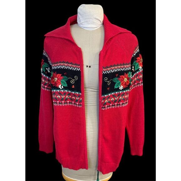 Dress Barn Holiday Cardigan Full Zip Embroidery Poinsettias Plus 1X Vtg - Picture 10 of 15